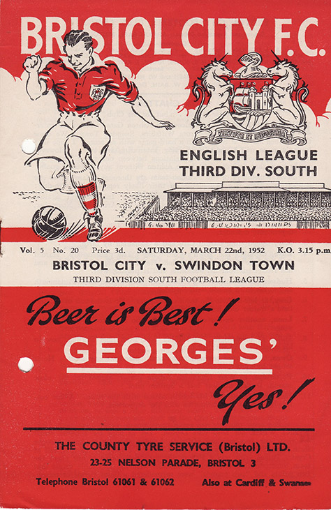 <b>Saturday, March 22, 1952</b><br />vs. Bristol City (Away)